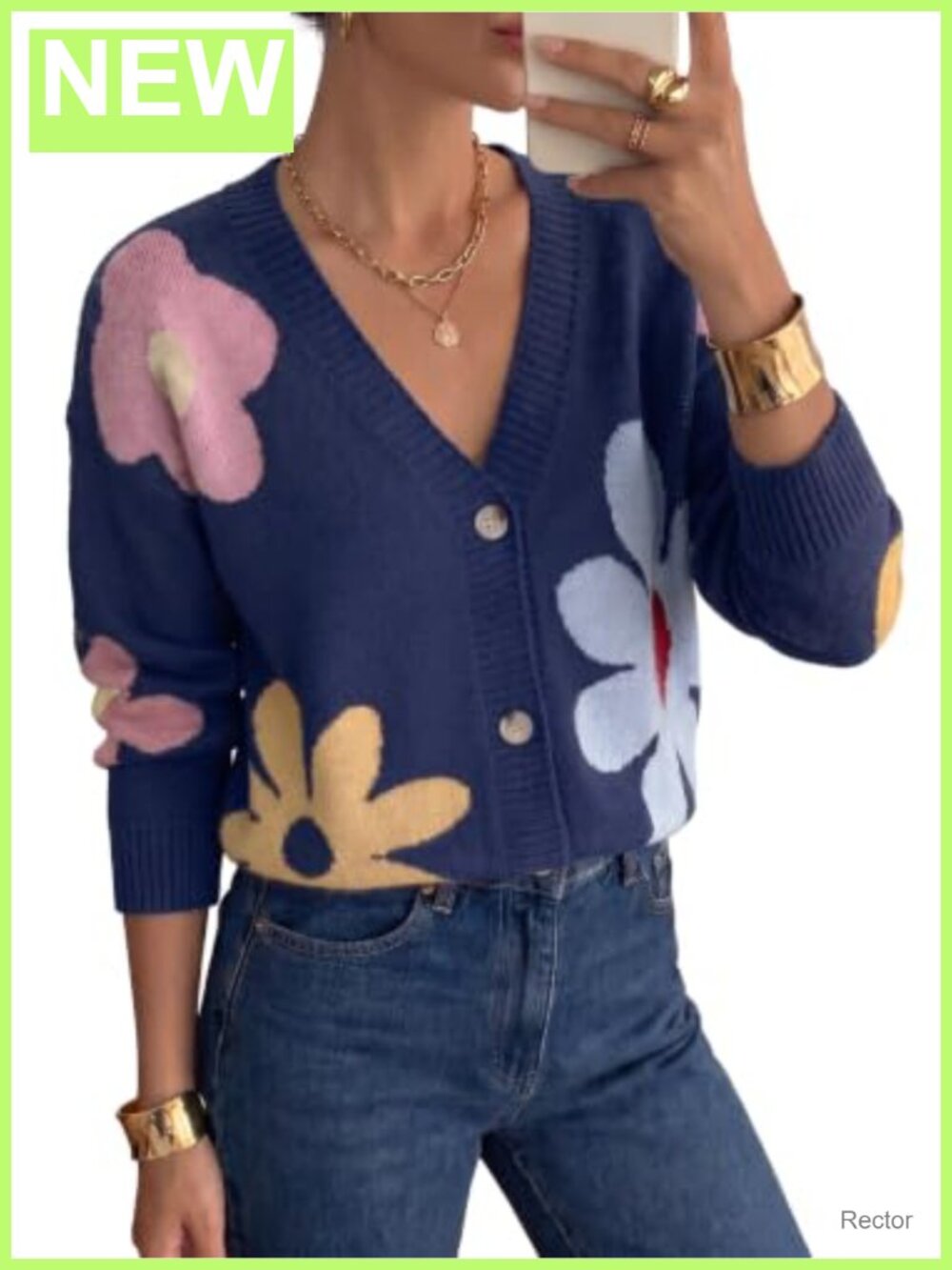 Knit Cardigan Sweater with Floral Print Button Down Long Sleeve V-Neck